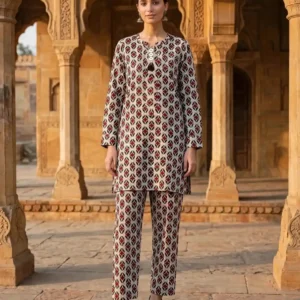 Burgundy Geometric Printed 2 Piece Suit for Women by RAWA with matching printed trousers