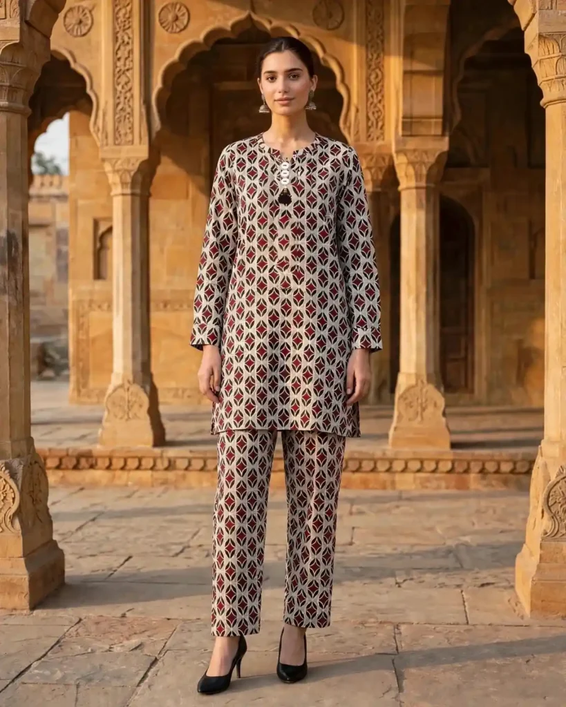 Burgundy Geometric Printed 2 Piece Suit for Women by RAWA with matching printed trousers