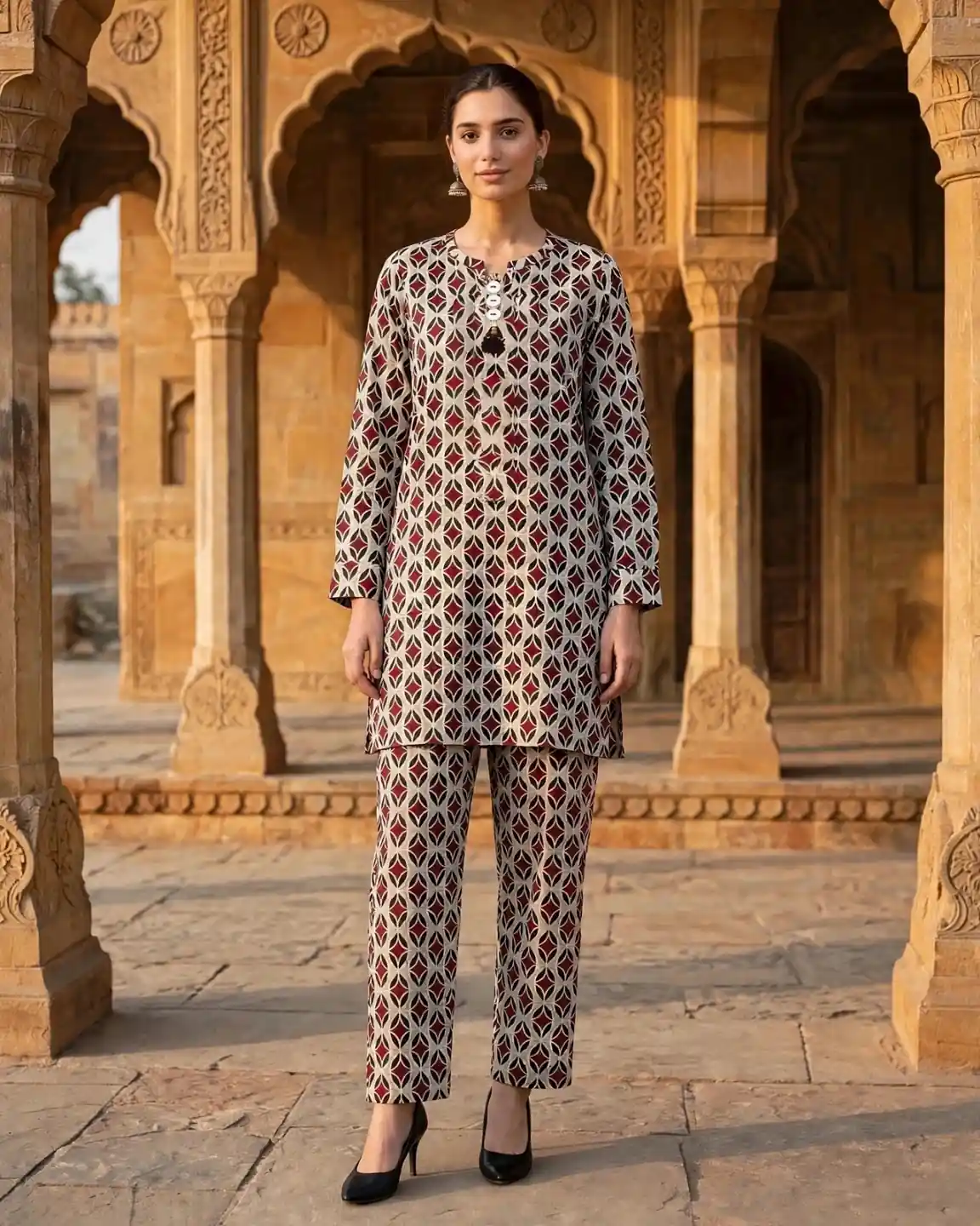 Burgundy Geometric Printed 2 Piece Suit for Women by RAWA with matching printed trousers