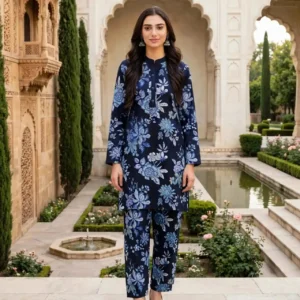 Navy Blue Floral Printed 2 Piece Suit