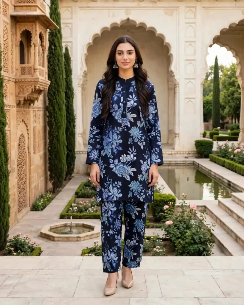 Navy Blue Floral Printed 2 Piece Suit