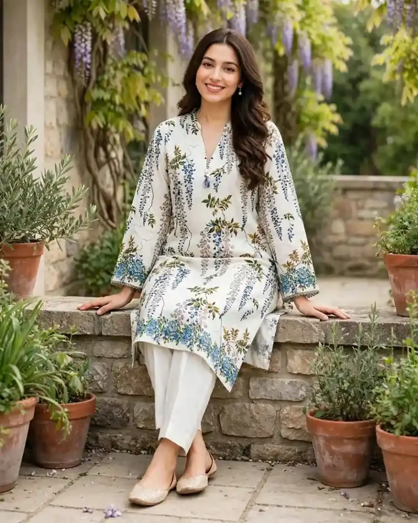 Ivory Wisteria Printed 2-Piece Suit by RAWA with blue floral shirt