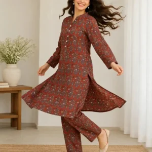 Rust Paisley Printed 2-Piece Suit by RAWA featuring a multicolour printed shirt and matching trousers