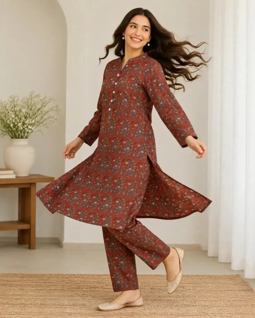 Rust Paisley Printed 2-Piece Suit by RAWA featuring a multicolour printed shirt and matching trousers