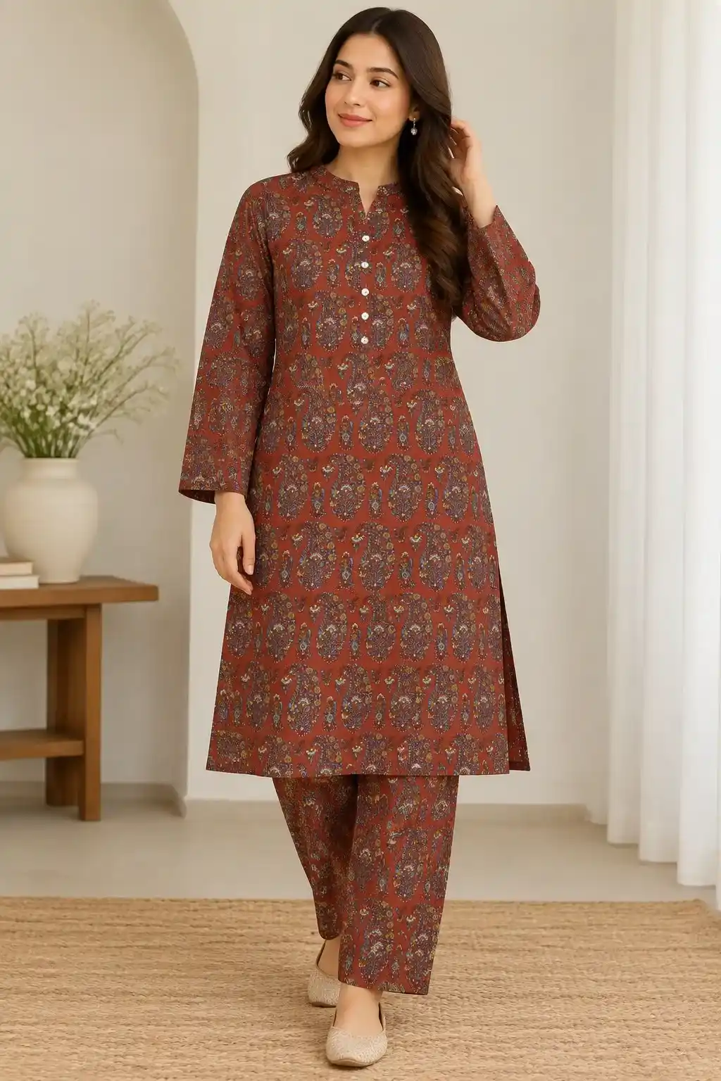 Rust Paisley Printed 2-Piece Suit - Image 4