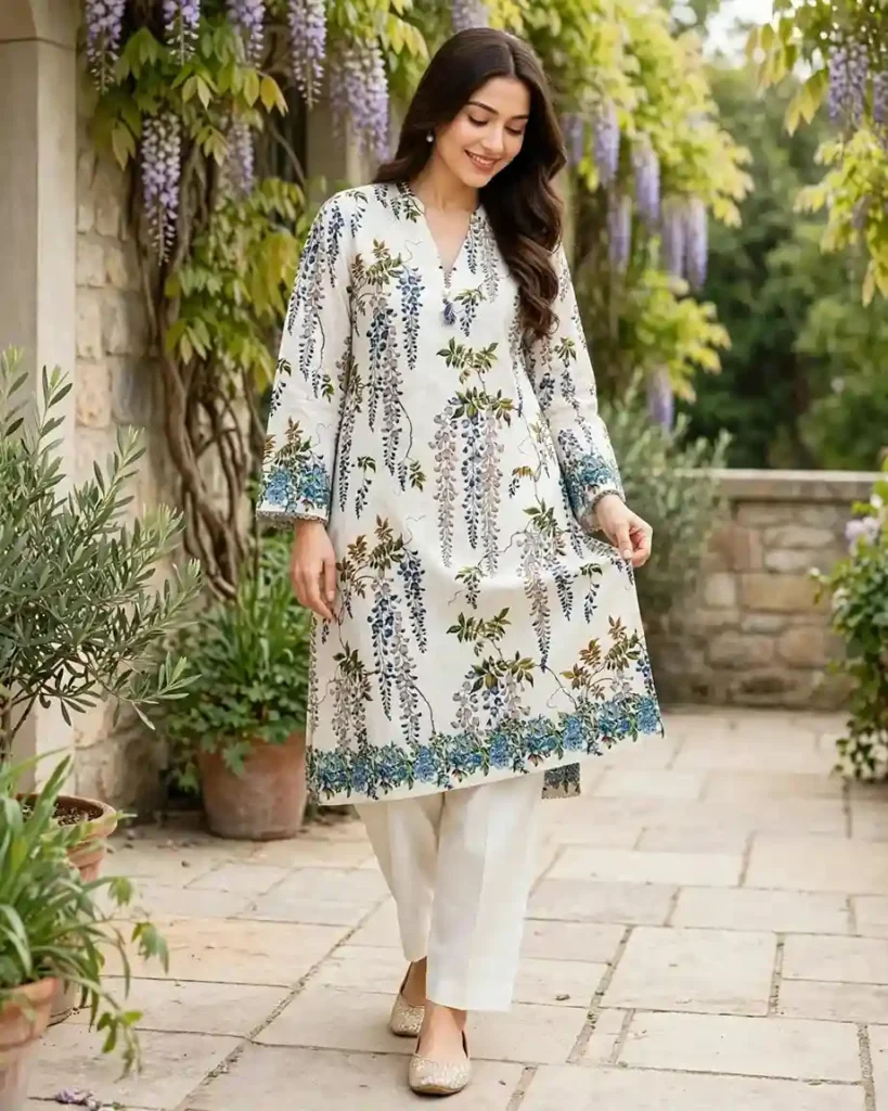 Woman wearing a RAWA ivory printed suit
