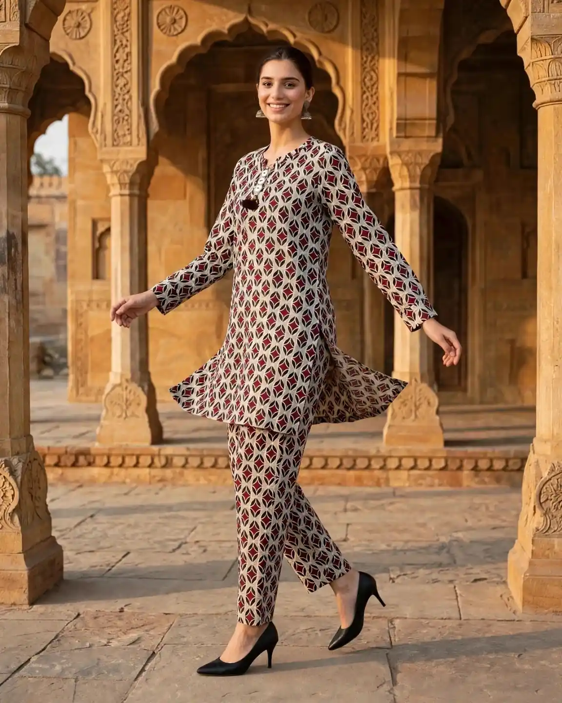 Burgundy 2 Piece Geometric Printed